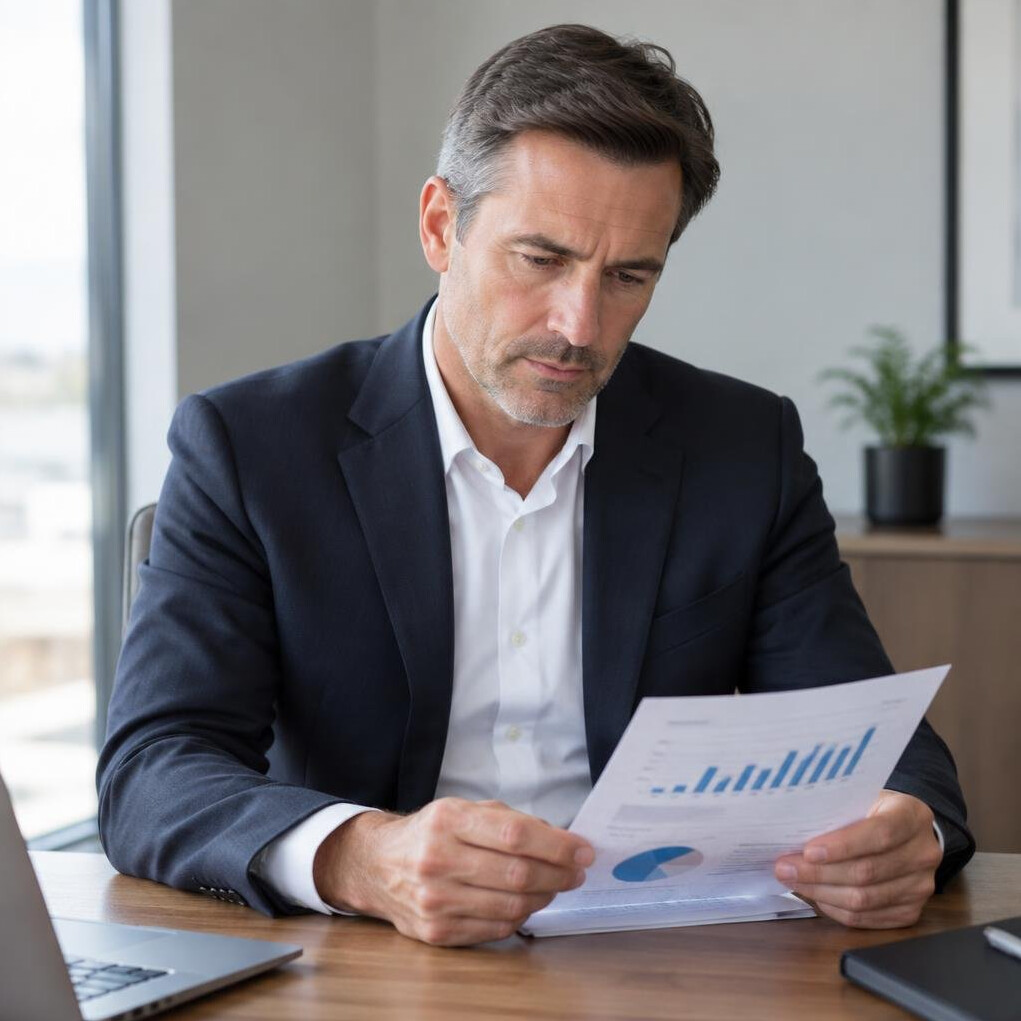 Executive reviewing a printed performance report at a desk